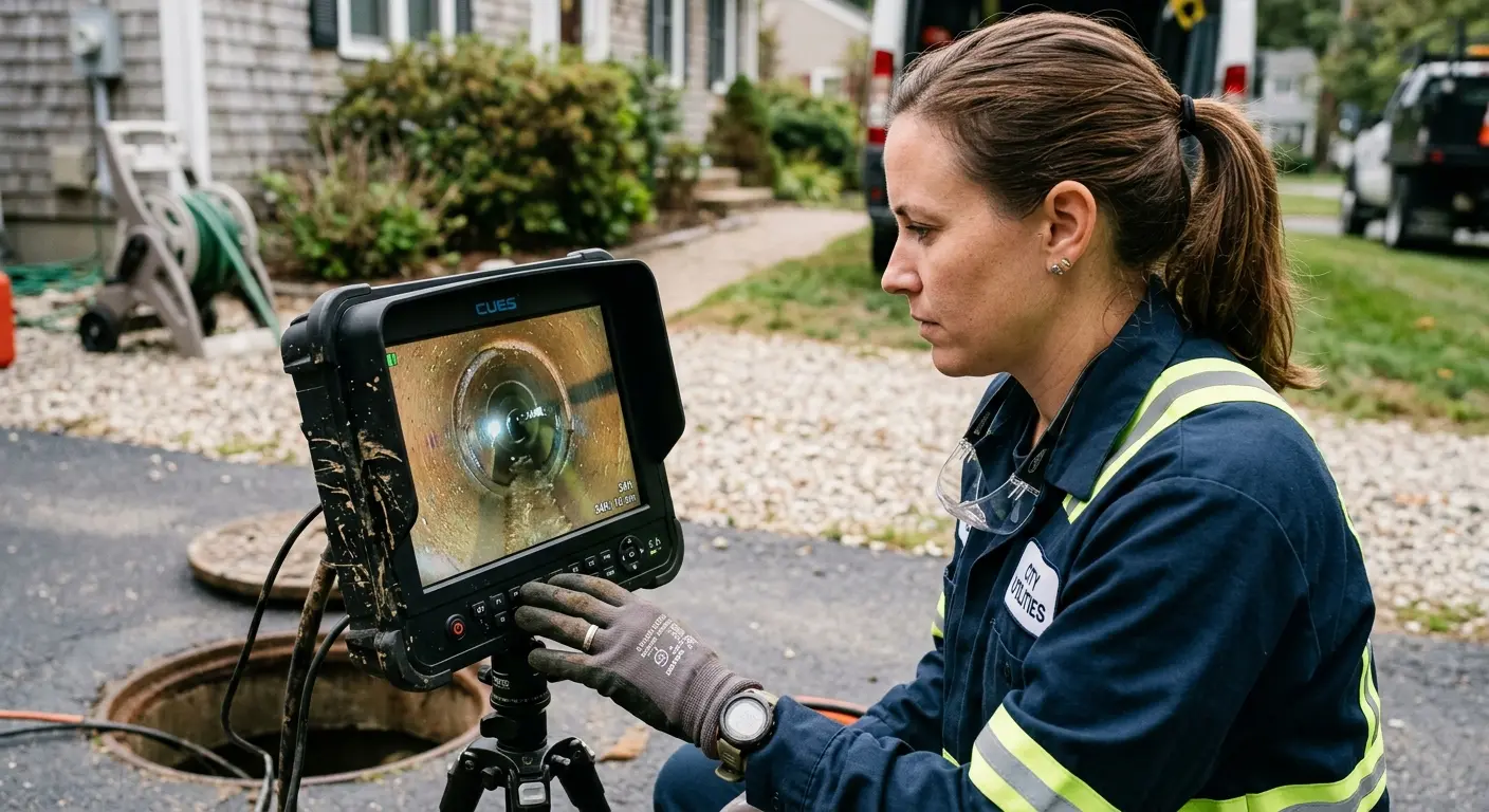 Technician reviewing sewer camera inspection footage in Hutchinson