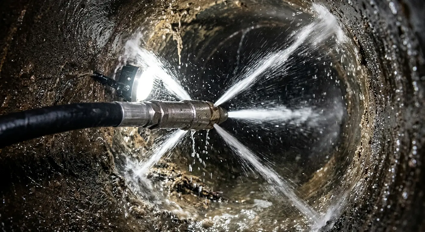 High-pressure hydro jetting nozzle cleaning sewer pipe for Emergency Drain Service in Hutchinson